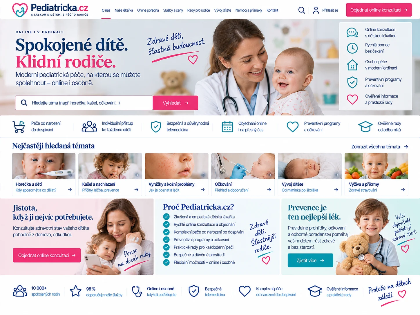 Ilustrační návrh pediatrického webu Pediatricka.cz v modré, růžové a tyrkysové s lékařkou a dítětem